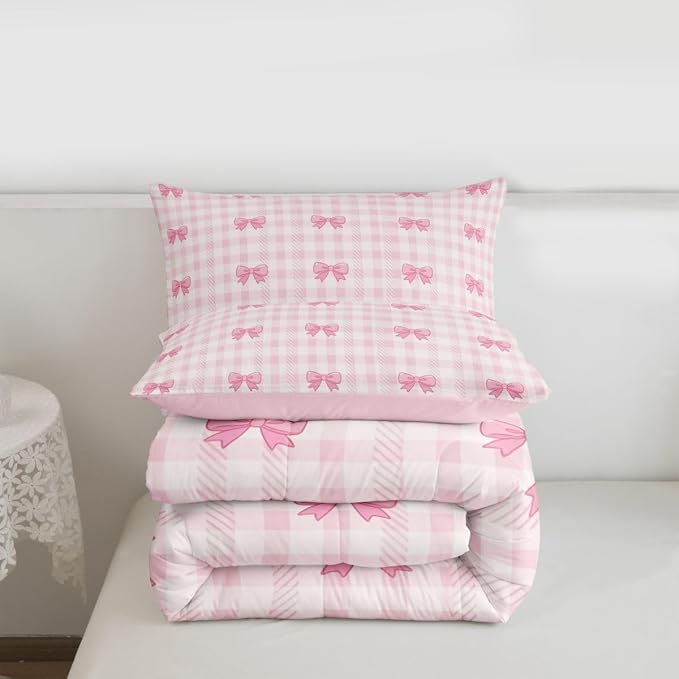 Feelyou Pink Bow Checkered Comforter Set King Size Chic Grid Bowknot Bedding Set for Kids Boys Girls Princess Duvet Quilt Bedroom Decor Microfiber 3 Pcs with 2 Pillow Cases