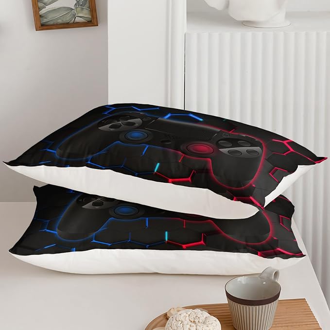 Axolotl Gamer Comforter Set King Size,Geometric Honeycomb Gaming Bedding,Video Games Comforter,3 Piece Game Console Print Bedding Set for Kids Boys Girls Teens,1 Duvet 2 Pillowcases,Blue Red