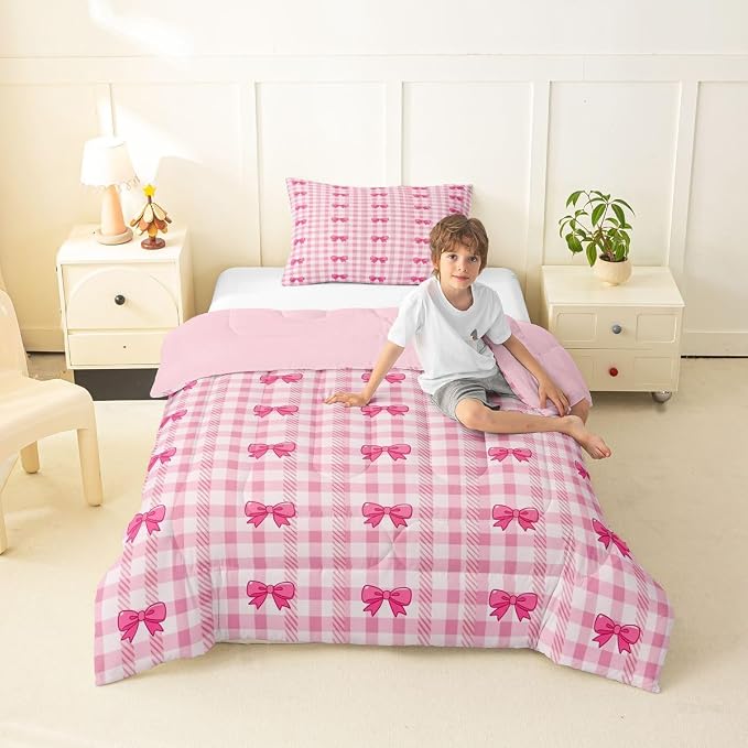Feelyou Pink Grid Bowknot Comforter Set All Season Bow Checkered Bedding Set with 1 Pillow Cases Princess Microfiber Kids Twin Bedclothes Bedroom Decor Duvet Quilt Breathable Soft Lightweight