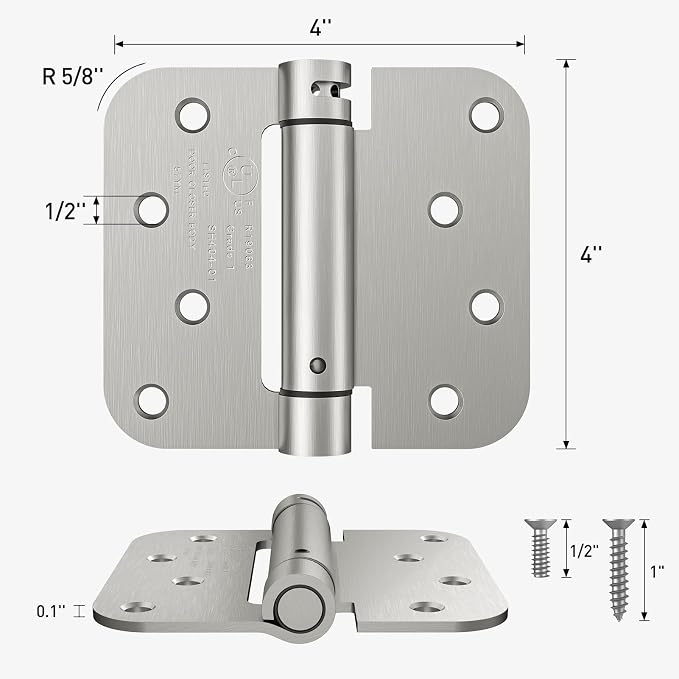 HOSOM Self Closing Spring Loaded Hinges, 4 Inch, Adjustable Tension for Garage, Front, Back Door, UL Listed, Left and Right Hand, 5/8'' Radius Corners, Brushed Nickel, 2 Pack