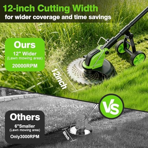 Kihoplly 12" Stringless Weed Wacker Cordless Eater, 21V 6000mAh Battery Powered Trimmer Edger Lawn Tool, 20000 RPM Powerful Electric Wheeled Lawn Edger with Blades, Foldable& Lightweight Brush Cutter