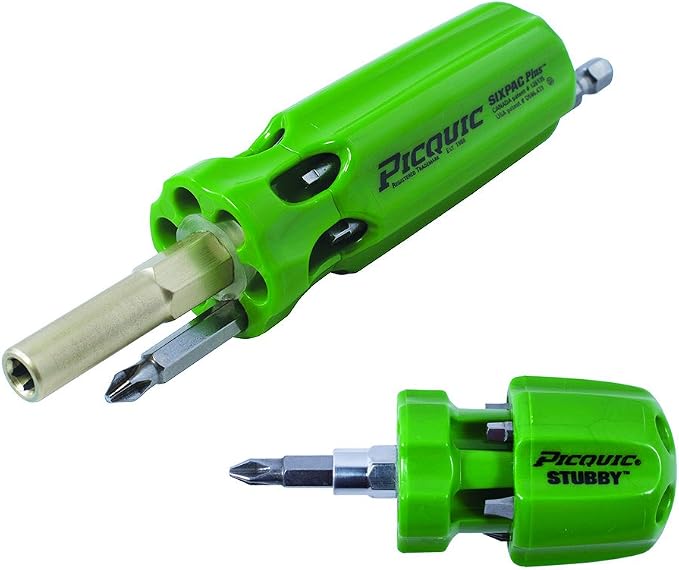 Picquic Dynamic Duo SIXPAC Plus and STUBBY Screwdriver Set, Gecko Green Opaque, Phillips or Torx Head