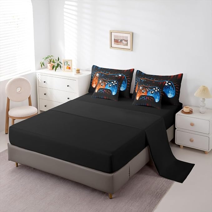 Boys Gaming Bed in a Bag King Size Comforter Set 7 Pieces Ombre Art Honeycomb Bedding Set Orange Blue Neon Lights Sheet Set Game Console Bed Set Geometric Hexagon Beehive Gaming Room Decor