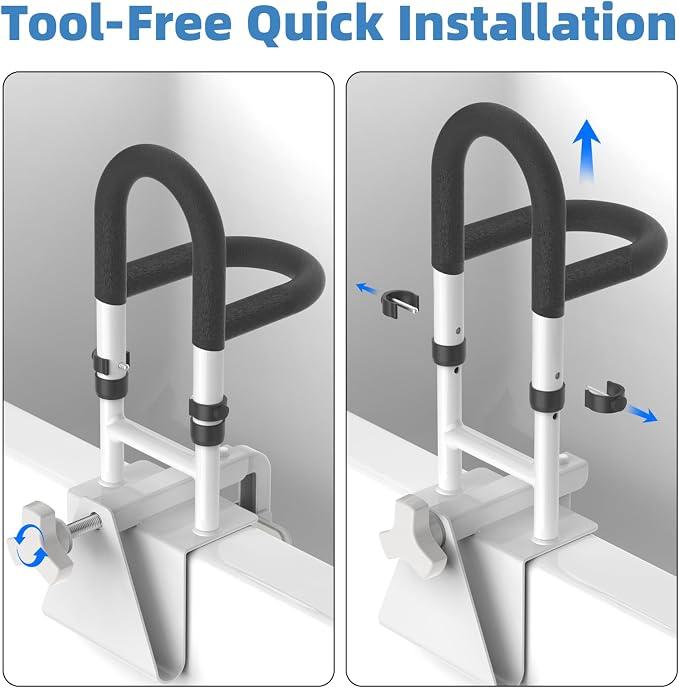 Butizone Adjustable Shower Grab Bars with 2 Handrails - Clamp-On Anti-Slip Bathtub Safety Rail for Elderly, Fits 3" to 7" Tub Walls, Supports Up to 300lbs