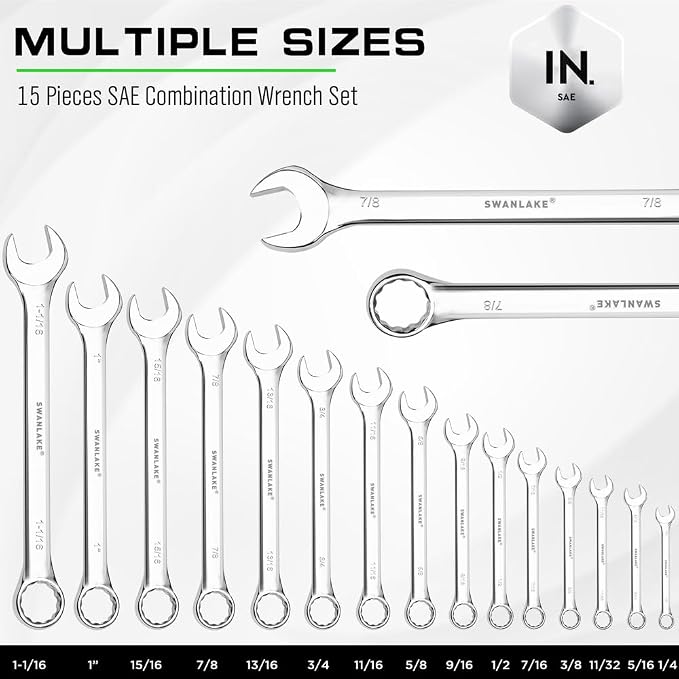 SWANLAKE 15-Piece SAE Wrench Set, V Notch Premium Combination Wrenchs Set, SAE 1/4" to 1-1/16", Max Torque, 12-Point, Chrome Vanadium Steel, with Storage Rack