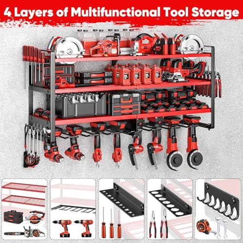 POKIPO Upgrade Large power tool organizer Wall Mount,4 Layers Heavy Duty Metal Loads 400lbs Power Tool Hanger Shelf Battery Storage with 8 Cordless Drill Bit Holder,Utility Racks for Garage Tool Room