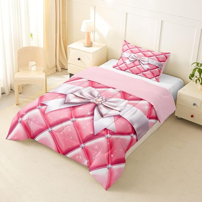 Feelyou Bow Comforter Set All Season Geometry Bowknot Bedding Set with 1 Pillow Cases Glitter Microfiber Kids Twin Bedclothes Bedroom Decor Duvet Quilt Breathable Soft Lightweight