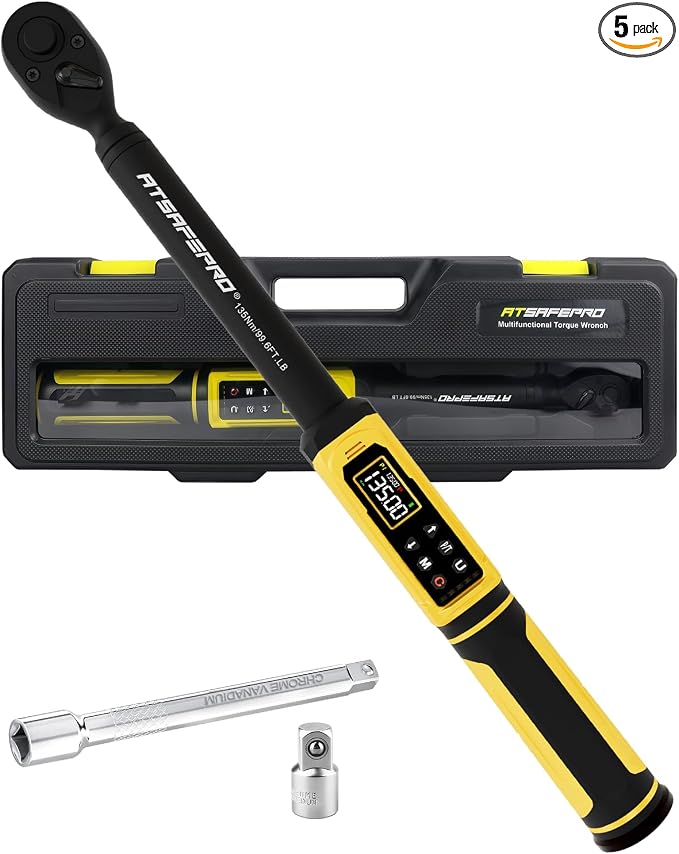 Digital Torque Wrench 3/8" Drive, 1.5-99.5 FT.Lb - 5 Units with Color Screen, Vibration/Buzzer/LED, 5" Extension & 3/8 to 1/2 Adapter, 3/8 Torque Wrench ±2% Accuracy for Car, Motorcycle, Bike Repair