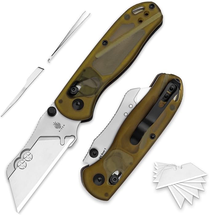 Kizer Uti Bear(New Dual-screw Version) Folding Utility Knife, Clutch Lock Box Cutter EDC Pocket knife with 5PCS Razor Blades, Pocket Knives with Pocket Clip for Men Women V3619JA4
