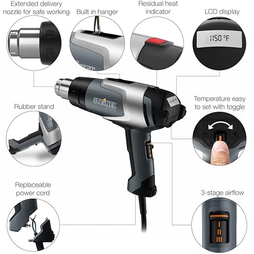 Steinel - 110025597 HL 2020 E Professional Heat Gun, LCD-Display, 1600 W, hot air Gun for Welding tarpaulins, Window tinting, Variable Temperature and Airflow, fits 1.34" Standard nozzles
