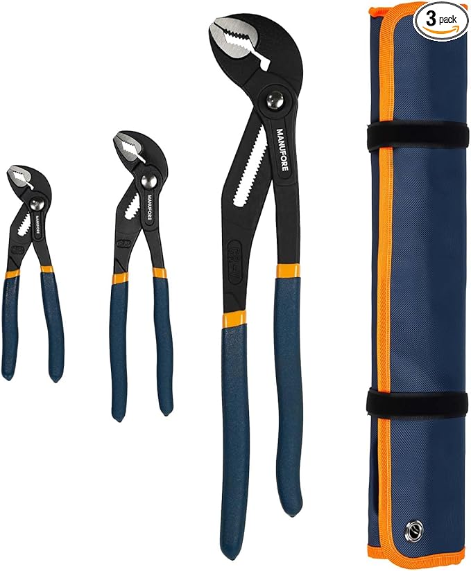 MANUFORE Water Pump Pliers, 7/10/16 Inch Tongue and Groove Pliers Set | Quick Release Design, Deep V-Jaw Teeth for Firm Grip, Comfort Grip and High Carbon Steel for Gripping Pipes, Rods, Shafts