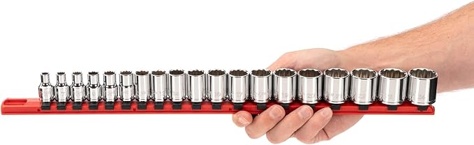 TEKTON 3/8 Inch Drive 12-Point Socket Set, 19-Piece | SHD91112 | (6 - 24 mm), Shallow, Socket Rail