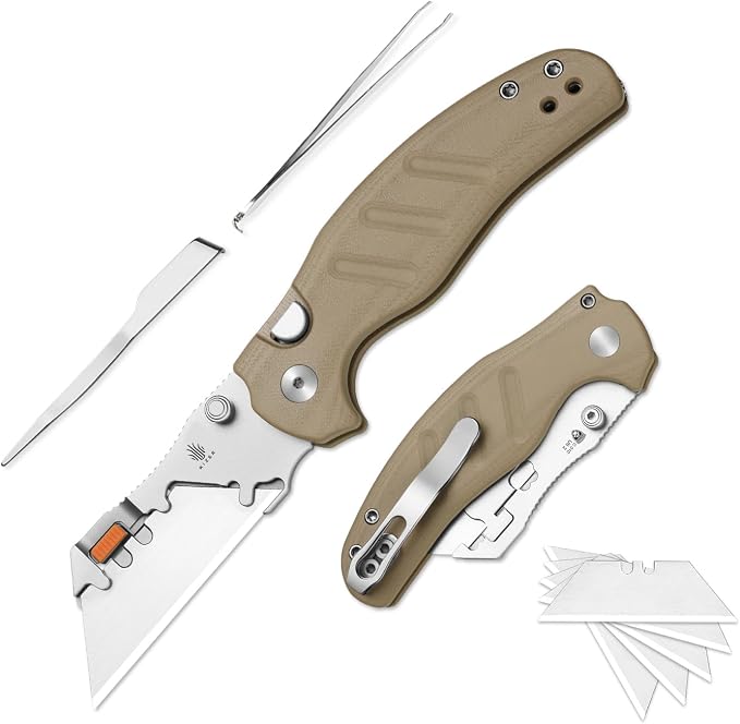 Kizer C01C Uti 2 (Tool-Free Version) Utility Knife, Button Liner Lock Box Cutter Pocket Knife with 5PCS Razor Blades, Thumb Stud Folding Knives with Brown G10 Handle for Men Women V3488.29JNA2