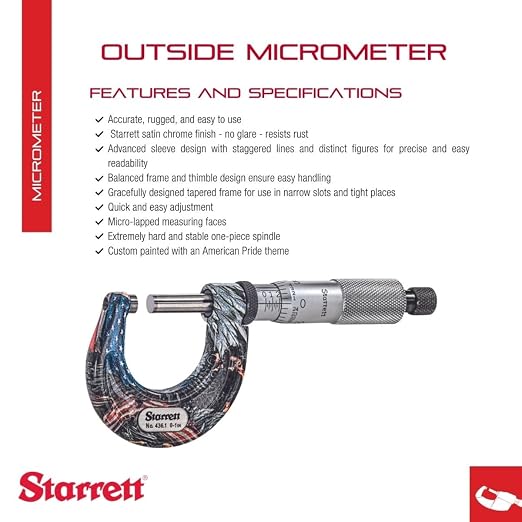 Starrett Outside Micrometer with One-Piece Spindle, Satin Chrome Finish and Advanced Sleeve Design - American Pride Theme, 0-1" Range, .0001" Graduation - APT436.1XRL-1