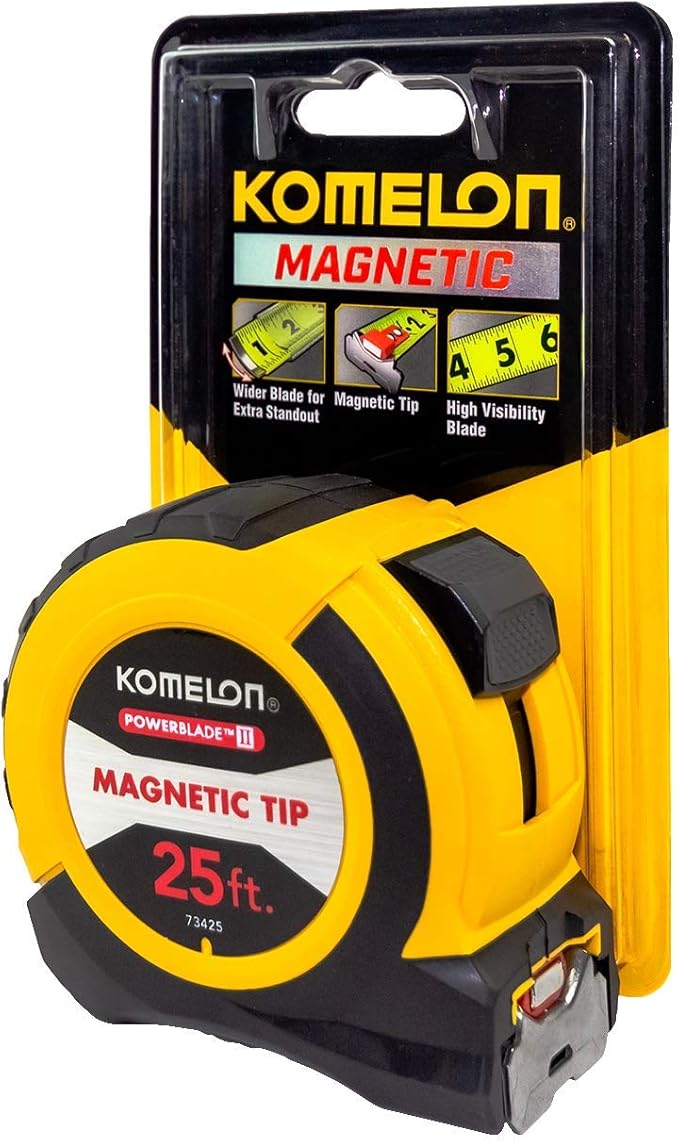 Komelon 25' x 1.06" Magnetic Powerblade II Tape Measure, Black/Yellow, 73425