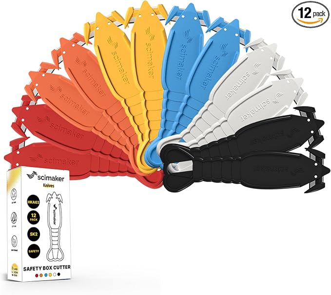 Safety Box Cutter,12 Pack Ergonomic Lobster Package Opener with Recessed SK-2 Blade Finger Safe Tape Splitter,Letter Slitter for Warehouse,Office.Assorted Colors