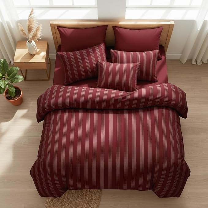 Sedefen Striped Duvet Cover Set Queen Size Red Vintage Striped Patterned Bedding Set Soft Breathable Microfiber Bedding Set with 2 Pillowcases