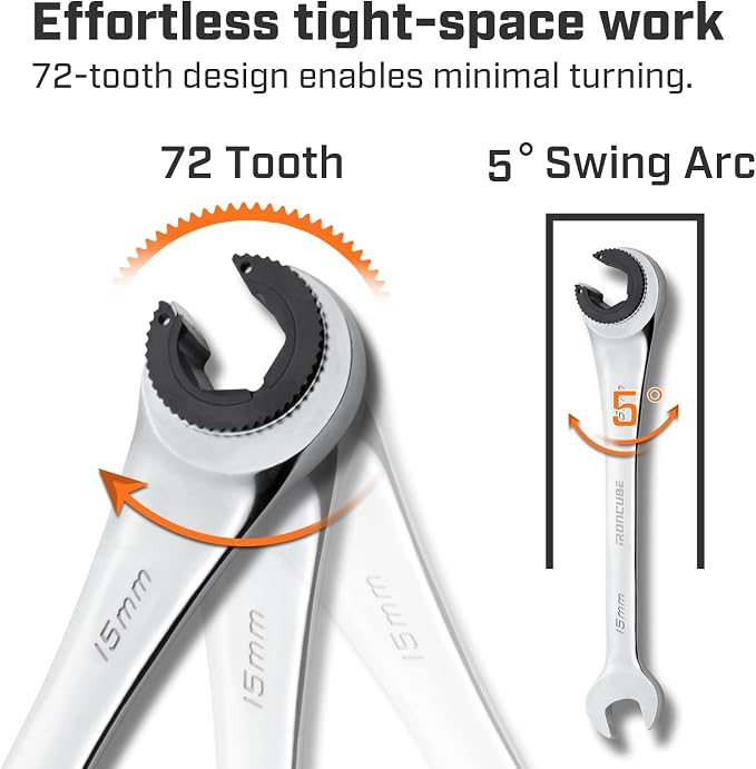 ironcube Brake Line Wrench Set: 6 Pcs Metric 10-17mm - Ratcheting Open-end for Nuts on Fuel, Brake or Air Conditioning Lines