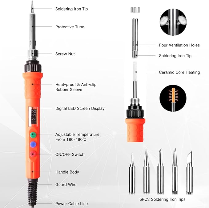Electronic Soldering Iron Kit, 120W Digital Soldering Gun Tools, Portable Easy-play Solder Kit with 5pcs Extra Tips, 50g Solder Wire, Heavy Duty Holder, Cleaning Sponge, Solder Paste