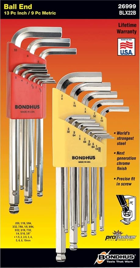 Bondhus 26999 Ball End Tip Hex Key L-Wrench Set w/BriteGuard, 22 Piece