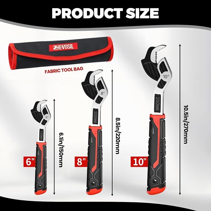 3 Pack Pipe Wrench Set, 6" 8" 10" Self Adjusting Wrench | Self Adjusting Pipe Wrench Set Fits 9/32" To 1-3/8" (7-35mm) Nuts & Pipe Fittings. Perfect for Tight Spaces.