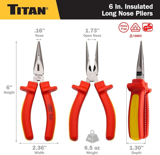 Titan 73336 6-Inch VDE Insulated Long Nose Pliers