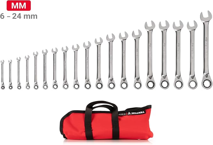 TEKTON Reversible Ratcheting Combination Wrench Set, 19-Piece | WRC94403 | (6 - 24 mm), 12-Point, Satin Chrome Finish, Roll