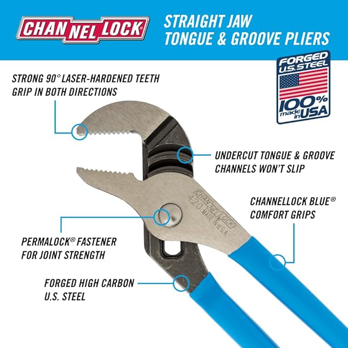 Channellock Tongue and Groove Plier 420-1.5-Inch Jaw Capacity, Straight Jaw - 9.5-Inch