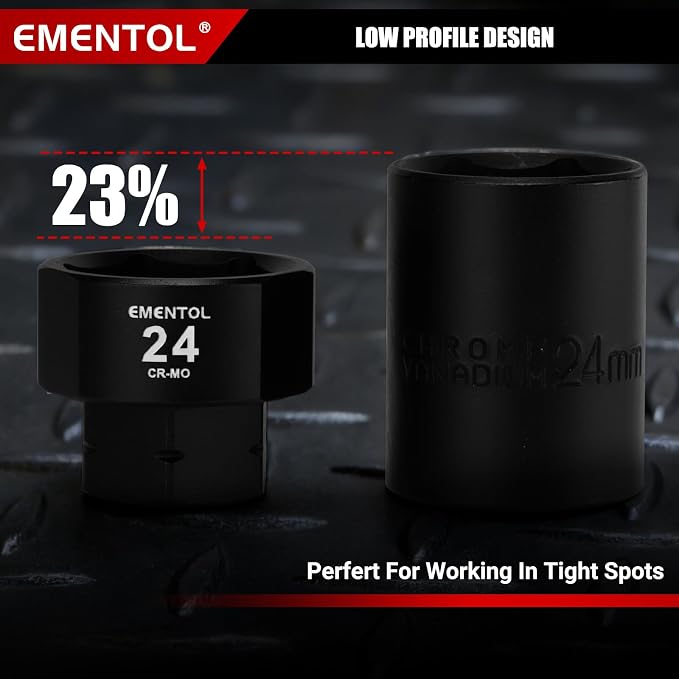 EMENTOL 1/2" Drive Low Profile Impact Socket Set, 14 Pieces Stubby Nano Sockets, CR-MO, Metric, 17mm -30mm