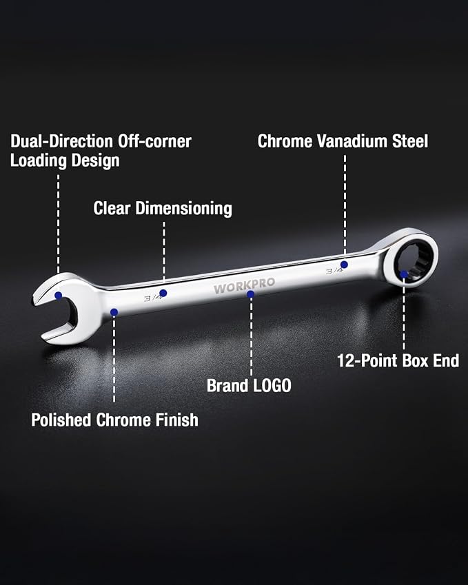 WORKPRO 3/4" Ratcheting Combination Wrench, Mirror Polish Chrome Plating | Premium CR-V Steel, 72-Teeth, 12 Point Design, SAE, For Home Projects, Motorcycle Repair, Garage Work, Plumbing, Machinery