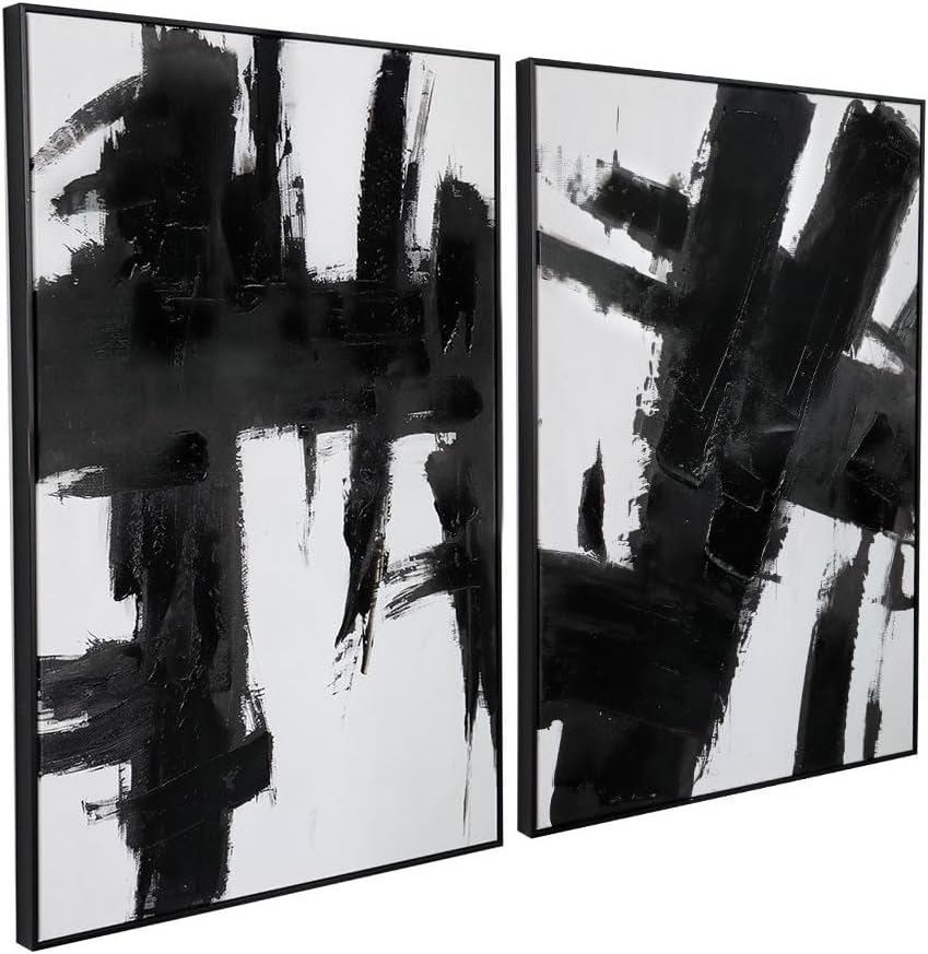 Black and White Abstract Canvas Wall Art - Set of 2 Piece 24 x 36 inch Framed Hand-Textured Geometric Artwork - Perfect for Stylish Living Room or Office Decor
