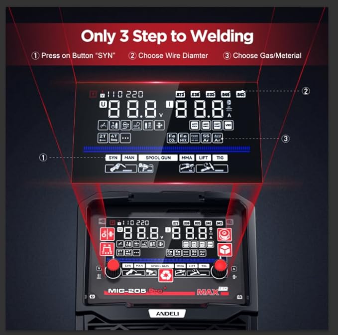 ANDELI 205A MIG Welder, 6-In-1 Multi Process Gas MIG/Spool Gun MIG/Flux Core MIG/Spot welding/Lift TIG/Stick Aluminum MIG Welding Machine With Large LED Display，110/220V Dual Voltage Welder Machine