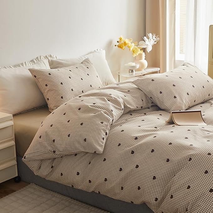 Sedefen Gingham Duvet Cover Set Queen Size, 3 Pieces Brown Plaid Bedding Set with Cute Heart Pattern, Kids Boys Girls Tan Checked Grid Soft Microfiber Duvet Cover for Bedroom Decor