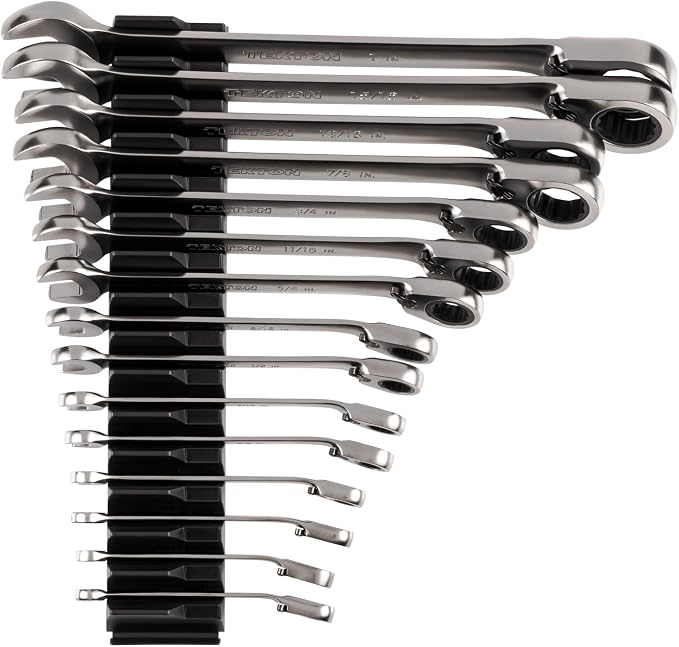TEKTON Reversible Ratcheting Combination Wrench Set, 15-Piece | WRC94301 | (1/4 - 1 in.), 12-Point, Satin Chrome Finish, Modular Organizer