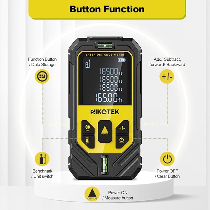 Laser Measure, NIKOTEK Laser Distance Meter with 2 Bubble Levels and LCD Backlit, for Pythagorean Mode, Measuring Distance, Area, Volume