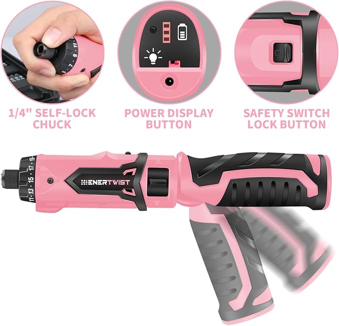 Enertwist Electric Screwdriver, 8V Max 10Nm Pink Cordless Screwdriver Rechargeable Set with 82 Accessory Kit and Charger in Carrying Case, 21+1 Cluth, Dual Position Handle, LED Light