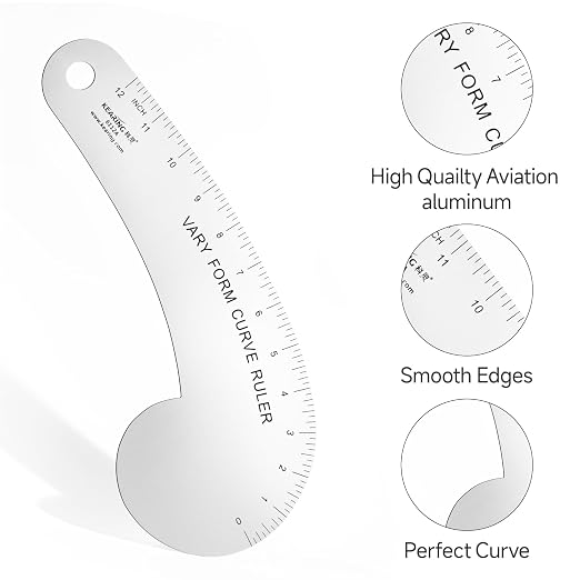 Kearing Vary Form Curve Ruler 12“ French Curve Ruler for Pattern Making, Aviation Aluminum Hip Curve Ruler for Measuring Sewing