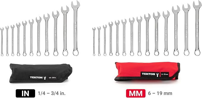 TEKTON Combination Wrench Set, 25-Piece | WCB94301 | (1/4 - 3/4 in., 6 - 19 mm), Wrench Roll, Chrome Finish