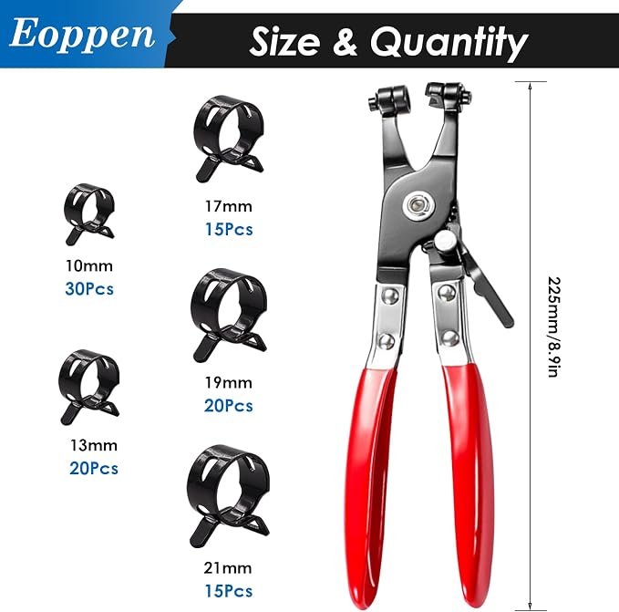 100Pcs 10-21mm Spring Hose Clamps Assortment Kit with Swivel Flat Band Fuel Hose Clamp Plier - 5 Sizes Fuel Line Silicone Vacuum Hose Low Pressure Air Clamps