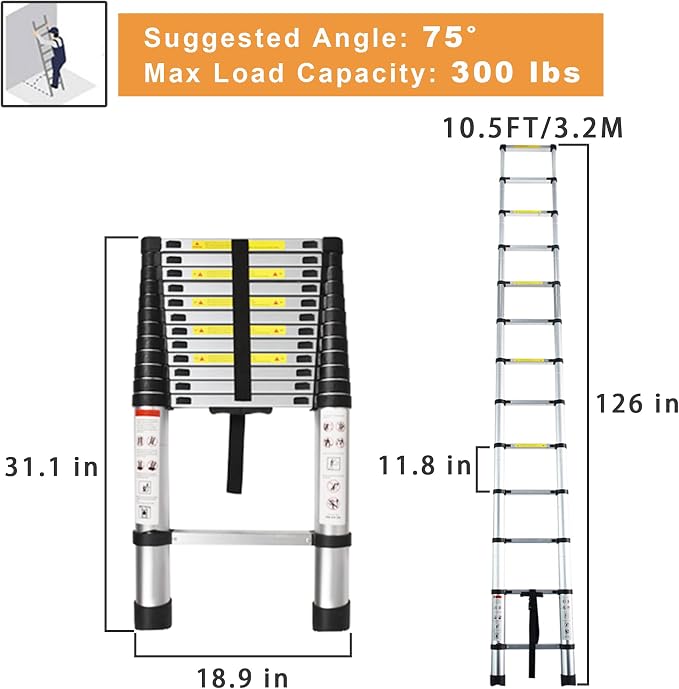 Telescoping Extension Ladder 10.5 FT, Folding Telescopic Aluminum Ladders, Lightweight Collapsible Ladder Step for RV Roof Attic Home, 300 LB Capacity (10.5 FT)