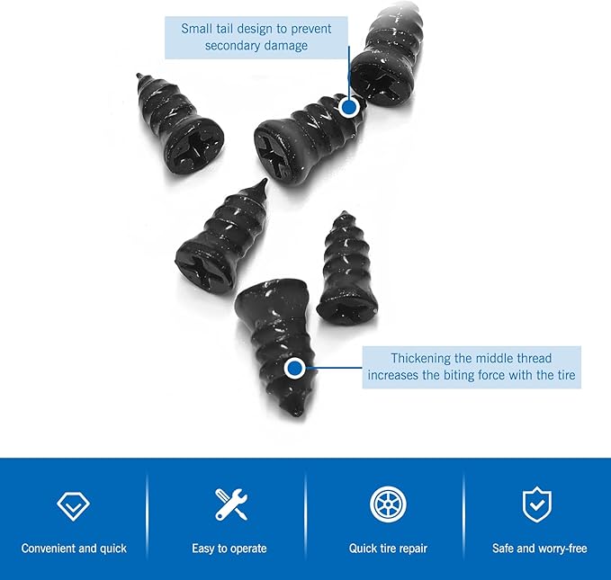 101 PCS Tire Repair Rubber Nail, 3 Size Vacuum Tire Repair Kits Spiral Rubber Screws, Fast Self-Service Tool for Car, Truck, Motorcycle, Tractor Tire Puncture Repair (Black)