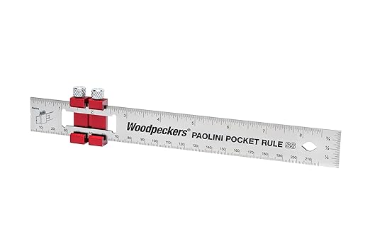 Woodpeckers Paolini Pocket Rule, Stainless Steel, 8" / 200mm Combo, Woodworking Ruler, Sliding Stop, Vertical EndScale, Scribing Notch, Engraved Scale