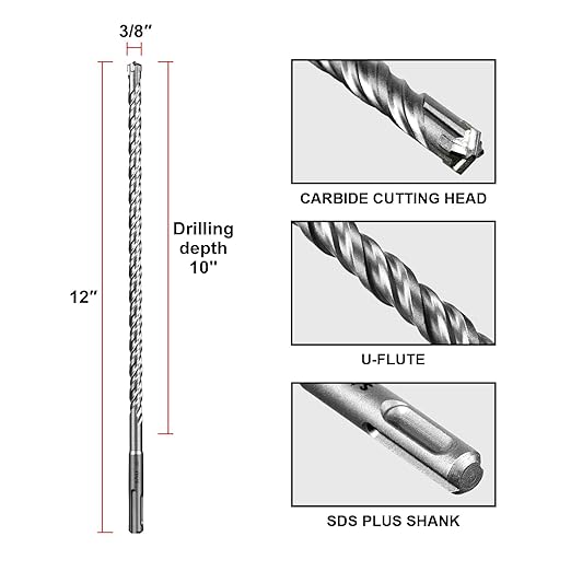 SALI SDS Plus Rotary Hammer Drill Bit 10Pcs - 3/8" x 12" Concrete Drill Bit Kit - Cross-Type Double Thread Carbide Material - Suitable for Concrete, Brick, Cement Walls, Stone