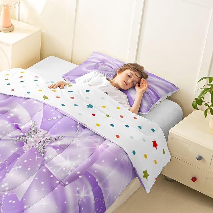 Feelyou Purple Bow Kids Comforter Set Twin Size Geometry Bowknot Bedding Set Glitter Duvet Quilt for Kids Boys Girls Bedroom Decor Microfiber Ultra Soft Breathable