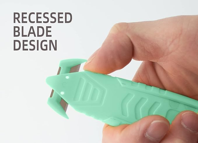 T TOVIA Safety Box Cutter Knife of Recessed Concealed Stainless Steel Blade, Package Opener Plastic Cutter for Box, Carton, Shrink Wrap, Plastic Straps, 10pcs Green