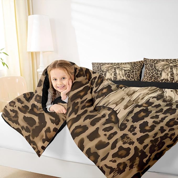 Feelyou Leopard Print Comforter Set Full Size Cute Bow Bedding Set for Kids Boys Girls Cheetah Animal Fur Duvet Quilt Bedroom Decor Microfiber 3 Pcs with 2 Pillow Cases