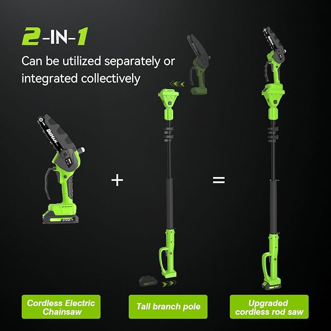 2 IN 1 Electric Pole Saw Brushless 21V Battery Chainsaw Cordless with Rotatable Pole 15FT Max Reach, Shoulder Strap, Battery Powered Chain Saw for Tree Trimming and Wood Cutting Tool -- Green
