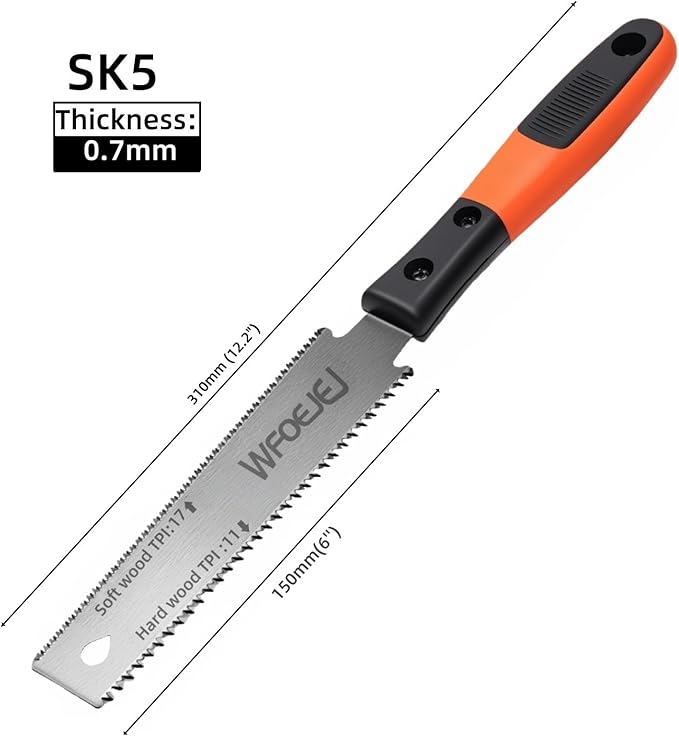 WFOEJEJ Japanese Hand Saw, 6-Inch Double-Edge Pull Saw, SK5 Flexible Blade, 11/17 TPI Blade with Soft Grip Handle for Hardwood & Softwood Woodworking