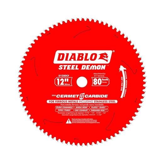 Diablo Steel Demon Cermet II Saw Blade for Thin Metal - 12" Diameter, 80 TCG Teeth, 1" Arbor, .083" Kerf, 0° Hook Angle, .0.71" Plate, 1800 Max RPM - D1280CF