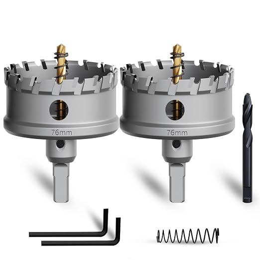 Metal Hole Saw 3''(76mm) 2Pcs Set Heavy Duty Tungsten Carbide Tipped Hole Cutters Set with a nitrided Step Drill and L-flench, for Steel Iron,Aluminum,Stainless stell
